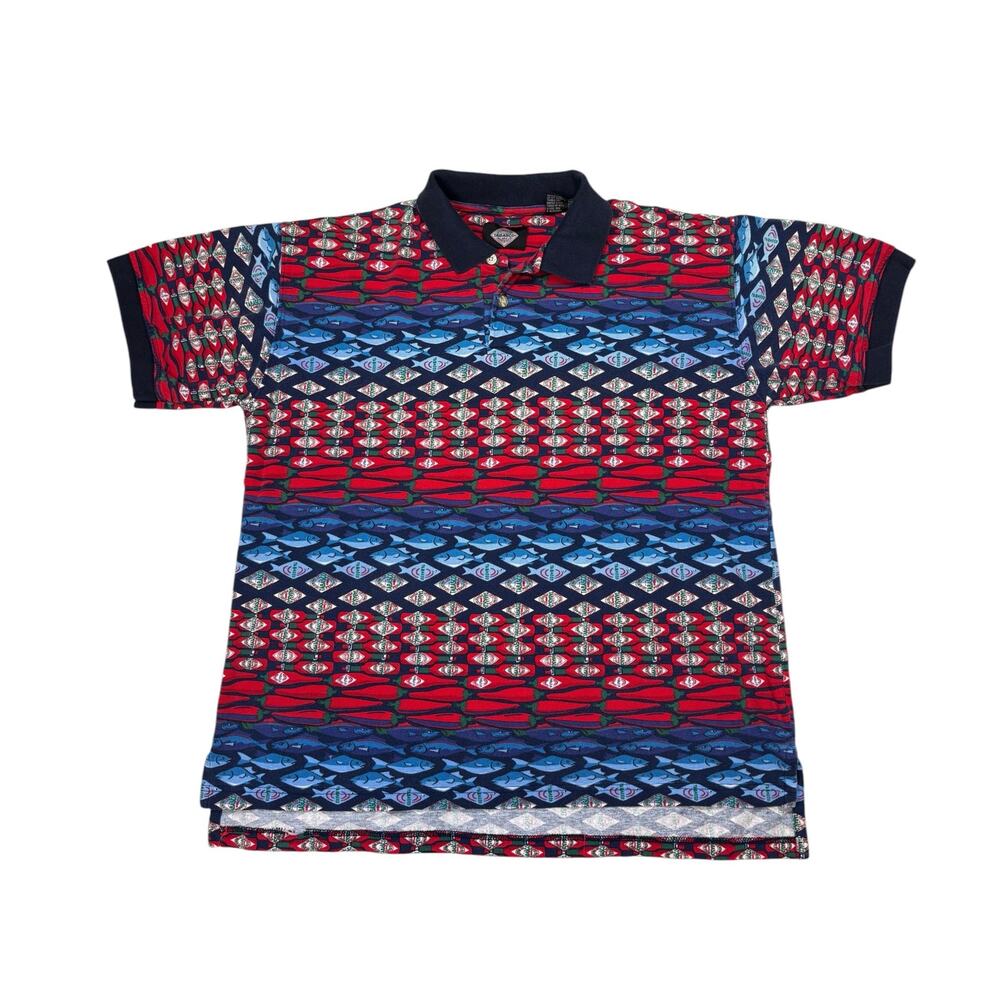 Vintage 90s Tabasco Polo All Over Print AOP Fish Chilies Men's Large Blue Red